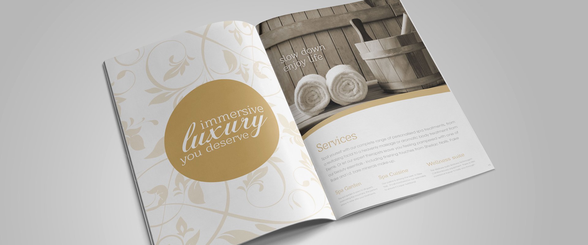 Brochure spread outlining services and facilities available at boutique spa.